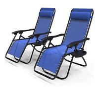 VOUNOT Set de 2 Tumbona Plegable Multiposicione Jardín, Silla Gravedad Cero Reclinable, con Soporte para Bebidas y Reposacabezas Axtraíble, Carga máxima 120kg, Azul
