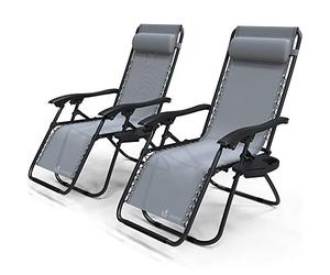 VOUNOT® Set de 2 Tumbona Plegable Multiposicione Jardín, Silla Gravedad Cero Reclinable, con Soporte para Bebidas y Reposacabezas Axtraíble, Carga máxima 120kg, Gris