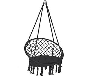 VOUNOT® Silla Colgante Exterior con Flecos, Hamaca con Conjín Redondo, Ø80cm Silla Columpio para Interior y Exterior, Negro