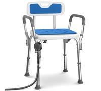VOUNOT® Silla de Ducha con Respaldo y Reposabrazos Altura Regulable 71-83,5 cm, Asiento de Baño con Patas Antideslizantes, Ayuda para Personas Mayores y Discapacitados, Carga máx. 136 kg, Blanco Azul
