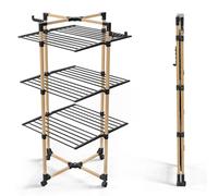 VOUNOT® Tendedero de Pie de Torre 3 Niveles, Tendedero Vertical 25m de Tendido Secadora Plegable Ahorra Espacio con Ruedas y Ganchos Laterales, Rejilla de Secado Aspecto de Madera, 69x136x69 cm, Negro