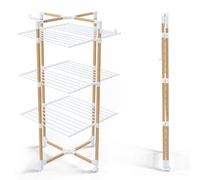 VOUNOT® Tendedero de Pie de Torre 3 Niveles, Tendedero Vertical 25m de Tendido Secadora Plegable Ahorra Espacio con Ruedas y Ganchos Laterales, Rejilla de Secado Aspecto de Madera, 69x136x69 cm Blanco
