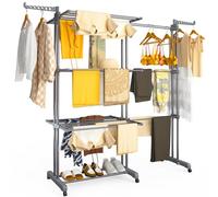 VOUNOT® Tendedero Vertical Plegable Extensible 4 Niveles 190x64x170cm Tendedores Ropa Torre 2 en 1 Secadora Multifunción con Alas Plegables Ruedas Estantes de Secado Ropa Interior/Exterior Gris