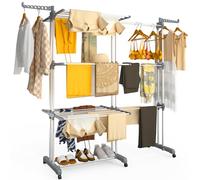 VOUNOT® Tendedero Vertical Plegable Extensible 4 Niveles 190x64x170cm Tendedores Ropa Torre 2 en 1 Secadora Multifunción con Alas Plegables Ruedas Estantes de Secado Ropa Interior/Exterior Gris-Blanco