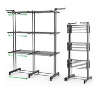 VOUNOT® Tendedero Vertical Plegable Retráctil, Tendedores de Ropa Tipo Torre, Estantes de Secado Ropa con Alas Plegables y 6 Ruedas, 3 Niveles, Negro
