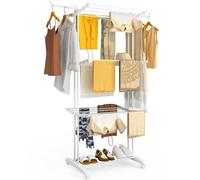 VOUNOT® Tendedero Vertical Plegable Tipo Torre 4 Niveles Dobles Zapatero Tendedores Ropa Gran Capacidad Secadora con Ruedas Alas Plegables Estantes de Secado Ropa Interior/Exterior 125x62x173cm Blanco