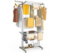 VOUNOT® Tendedero Vertical Plegable Tipo Torre 4 Niveles Dobles Zapatero Tendedores Ropa Gran Capacidad Secadora con Ruedas Alas Plegables Estantes de Secado Ropa Interior/Exterior 125x62x173cm Gris