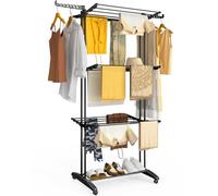 VOUNOT® Tendedero Vertical Plegable Tipo Torre 4 Niveles Dobles Zapatero Tendedores Ropa Gran Capacidad Secadora con Ruedas Alas Plegables Estantes de Secado Ropa Interior/Exterior 125x62x173cm Negro