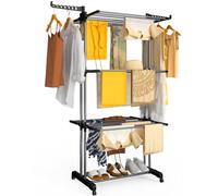 VOUNOT® Tendedero Vertical Plegable Tipo Torre 4 Niveles Zapatero Tendedores Ropa Gran Capacidad Secadora con Ruedas y Alas Plegables Estantes de Secado Ropa Interior/Exterior 126x63x170cm Negro-Gris