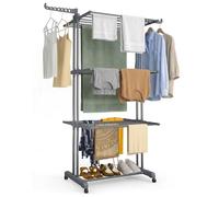 VOUNOT® Tendedero Vertical Plegable Tipo Torre 4 Niveles Zapatero Tendedores Ropa Gran Capacidad Secadora con Ruedas y Alas Plegables Estantes de Secado Ropa Interior/Exterior 126x63x170cm Gris