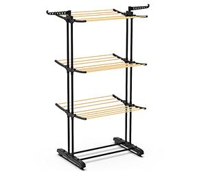 VOUNOT® Tendedero Vertical Tipo Torre, Tendedores de Ropa Plegable, Estantes de Secado Ropa de Metal con 6 Alas Plegables y 4 Ruedas, Aspecto de Madera, 3 Niveles