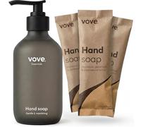 Vove Kit de inicio de jabón de manos con bomba de cristal oscuro recargable y 3 recargas: mandarina, geranio/cedro, polvo a gel, extracto de aloe vera y cactus, vegetal, sin plástico