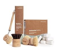 Vove | Paquete de lavavajillas | 30 tabletas de lavavajillas, 6 esponjas de fregar y cepillo de bambú | Estropajo antiarañazos | Paquete de limpieza ecológico | Fibra natural | Sin plástico | Esponja