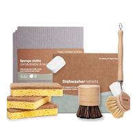 Vove Paquete de platos grandes, 30 tabletas para lavavajillas, 3 esponjas para fregar, 3 paños de esponja y cepillo de bambú para platos, estropajo antiarañazos, paquete de limpieza ecológico, fibra