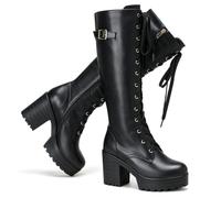 Voviggiw Women Fashion Platform Knee High Boots Lace Up Chunky Heel Boots with Buckle Side Zipper Biker Boots