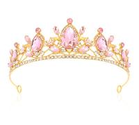 Vovii Corona de princesa de oro real con cristales y diamantes de imitación blancos, tiara de novia, tocado para concurso de belleza, accesorios para el cabello de reina de boda (rosa)