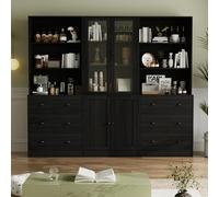 VOWNER Estantería con Puertas, 180 cm Vitrina de Cristal, Librería de 6 Niveles con Puertas y Armario, Vitrina Salón, Aparador Comedor, Aparador Cocina, Estantería Oficina, BAB (Negro)