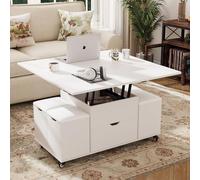 VOWNER Mesa de Centro de Altura Regulable, Multifuncional 3 en 1, con Cajón y 4 Taburetes, Convertible en Mesa de Comedor (Blanco)