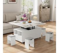 VOWNER Mesa de Centro Elevable, Mesa Extensible, Multifuncional 3 en 1, con Cajón y 4 Taburetes, Convertible en Mesa de Comedor, 106L x 106W x 68H cm (Blanco)