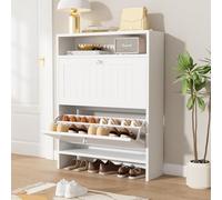 VOWNER Zapatero Entrada Recibidor, Zapatero 2 Puertas, Zapatero Blanco, Particiones Ajustables, Madera, Fondo Elevado de 13 cm, para Entrada Estrecha, Pasillo, 80 x 24 x 110 cm