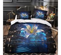 VOXYTMLWG 3 Piezas Microfibra de poliéster BlueLilyFlower Funda Edredon Estampado 3D Cremallera Oculta Fundas Almohada Antialérgica Digital Funda Edredon for jóvenes Double（200x200cm）