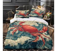 VOXYTMLWG Juego 3 Piezas Microfibra Red Crab Fuego Fundas Edredón Estampado 3D Cremallera Oculta Funda Almohada Suave Japanese Ola Funda Edredon for Adultos Single（140x200cm）