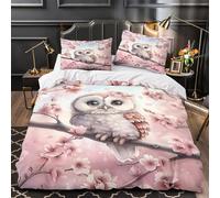 VOXYTMLWG Tres Piezas Microfibra de poliéster Cute Owl Sitting Funda Edredon Diseño 3D Funda Almohada Transpirable Spring Cherry Blossoms Juego Fundas Edredón for Familia Super King（260x220cm）