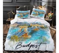 VOXYTMLWG Tres Piezas Microfibra Impresión 3D Budapest Bridge Funda Edredon Diseño 3D Fundas Almohada Antibacteriana Watercolor Cityscape Funda de Edredón for Familia Single（140x200cm）