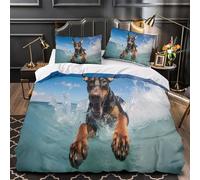 VOXYTMLWG Tres Piezas Microfibra Perro Swimming Fuego Fundas Edredón Impresión 3D Cremallera Funda Almohada Antialérgica Pet Beach Adventure Juego Fundas Edredón for Familia Single（140x200cm）