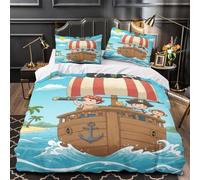 VOXYTMLWG Tres Piezas Microfibra Suave Pirate Ship Kids Juego Fundas Edredón Impresión 3D Cremallera Funda Almohada Antialérgica Coon Adventure Funda Edredon for jóvenes Single（135x200cm）