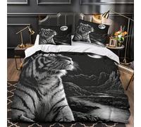 VOXYTMLWG Tres Piezas Microfibra Tiger Under Moon Fuego Fundas Edredón Estampado 3D Fundas Almohada Antibacteriana Black and White Wildlife Funda Edredon for niños y niñas Single（140x200cm）