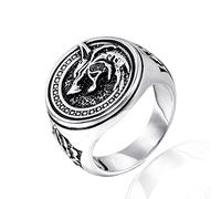 VOYADE Anillo De Sello De Cabeza De Lobo De Acero Inoxidable, Anillo De Lobo Cazador De Mago Joyería Nórdica Retro Tribal Cool Band Para Hombre,Plata,10