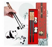 Voyyphixa 2 pares de palillos japoneses chinos reutilizables con soporte para palillos de panda en caja de regalo para platos asiáticos, sushi, pasta, fideos, arroz y olla caliente (negro)