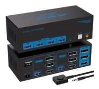 VPFET 8K60Hz Displayport HDMI KVM Switch 2 PC 3 Monitores USB 3.0 DP1.4 + HDMI 2.1 Conmutador KVM para dos ordenadores Compartiendo Tres monitores y 4 dispositivos USB con 2 cables USB y controlador