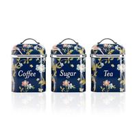 VQ Laura Ashley Tarros de Almacenamiento para Té, Café y Azúcar, Juego de 3 con Estampado de Diseño, Elegante Caja de Almacenamiento de Hojalata con Tapa - Elveden Navy