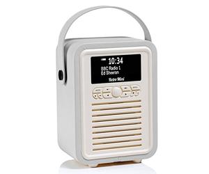 VQ Retro Mini Radio Digital DAB+/DAB con Bluetooth, FM y Función de Radio-Despertador - Alimentada por Corriente y Batería Radio Portatil con Antena, Clavija para Auriculares y Puerto USB - Gris Claro