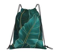 VQUVQV Bolsa con cordón para niños y adultos, mochila deportiva ligera e impermeable para natación, playa, viajes, Hoja de plátano verde y dorado