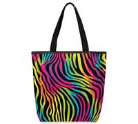 VQUVQV Bolsas de lona reutilizables para mujeres y niñas, bolsas de compras de lona con bolsillos con cremallera, Patrón de rayas de cebra arcoíris, Talla única