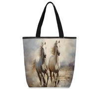 VQUVQV Bolsas de lona reutilizables para mujeres y niñas, bolsas de compras de lona con bolsillos con cremallera, Caballos blancos corriendo, Talla única