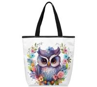 VQUVQV Bolsas de lona reutilizables para mujeres y niñas, bolsas de compras de lona con bolsillos con cremallera, Lindo búho floral pájaro animal, Talla única