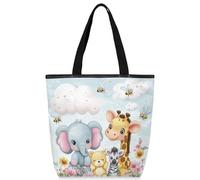 VQUVQV Bolsas de lona reutilizables para mujeres y niñas, bolsas de compras de lona con bolsillos con cremallera, Lindo animal elefante jirafa cebra, Talla única