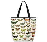VQUVQV Bolsas de lona reutilizables para mujeres y niñas, bolsas de compras de lona con bolsillos con cremallera, Guía de mariposas, Talla única