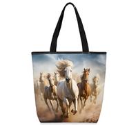 VQUVQV Bolsas de lona reutilizables para mujeres y niñas, bolsas de compras de lona con bolsillos con cremallera, Caballos corriendo en polvo, Talla única