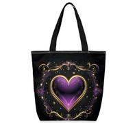 VQUVQV Bolsas de lona reutilizables para mujeres y niñas, bolsas de compras de lona con bolsillos con cremallera, Corazones morados y dorados, Talla única
