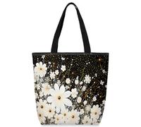 VQUVQV Bolsas de lona reutilizables para mujeres y niñas, bolsas de compras de lona con bolsillos con cremallera, Margarita blanca, dorada, negra, Talla única