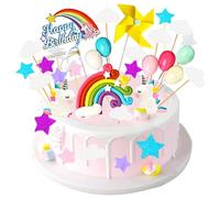 VROLUVTQ 32PCS Unidades Unicornio Decoración para Tartas,Molino De Viento Amarillo,Bolas Decorativas para Tartas,Diseño De Unicornio,Arco Iris,Decoración De Cumpleaños para Niños y Niñas