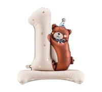 Vroxdrez Globo XXL de Aluminio para Primer Cumpleaños con Número 1, Oso Crema y Soporte Incluido, Adorno Infantil con Peluche para Fiesta de Un Año
