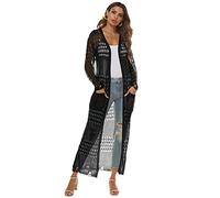 Vsadsau Vestidos tipo cárdigan de talla grande para mujer, bata de ganchillo sólida, vestido de playa de verano de manga larga, Negro, M
