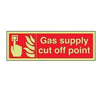 VSafety 13066AX-G "Gas Supply Cut Off Point" Señal de equipo de fuego, brilla en la oscuridad, plástico de 1 mm, paisaje, 300 mm x 100 mm, rojo