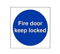 vsafety 18016 AF-S "Fire puerta Keep bloqueado 'obligatorio signos, vinilo autoadhesivo, cuadrado, 100 mm x 100 mm, color azul